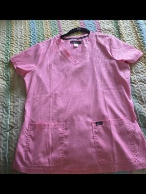 koi Pink V-Neck Metallic Dot Scrub Top